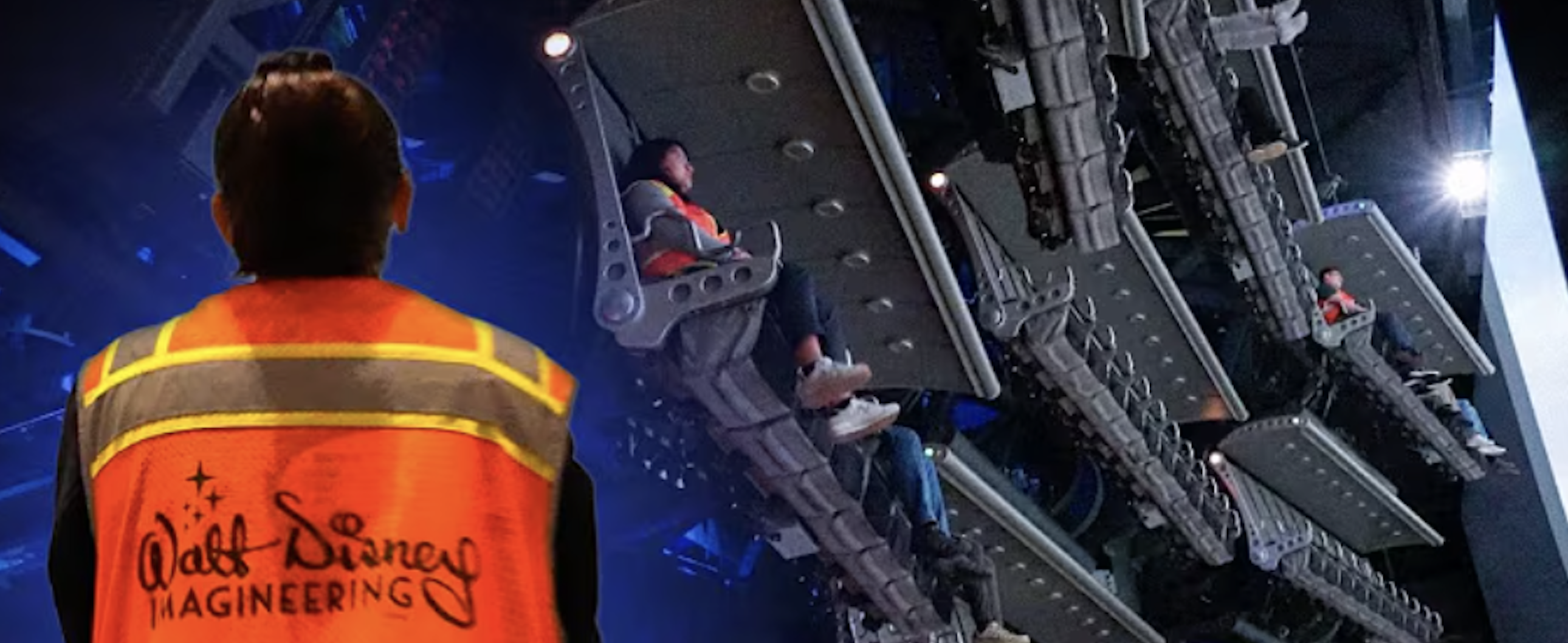 Cast Member in orange vest looking up at Soarin ride vechile